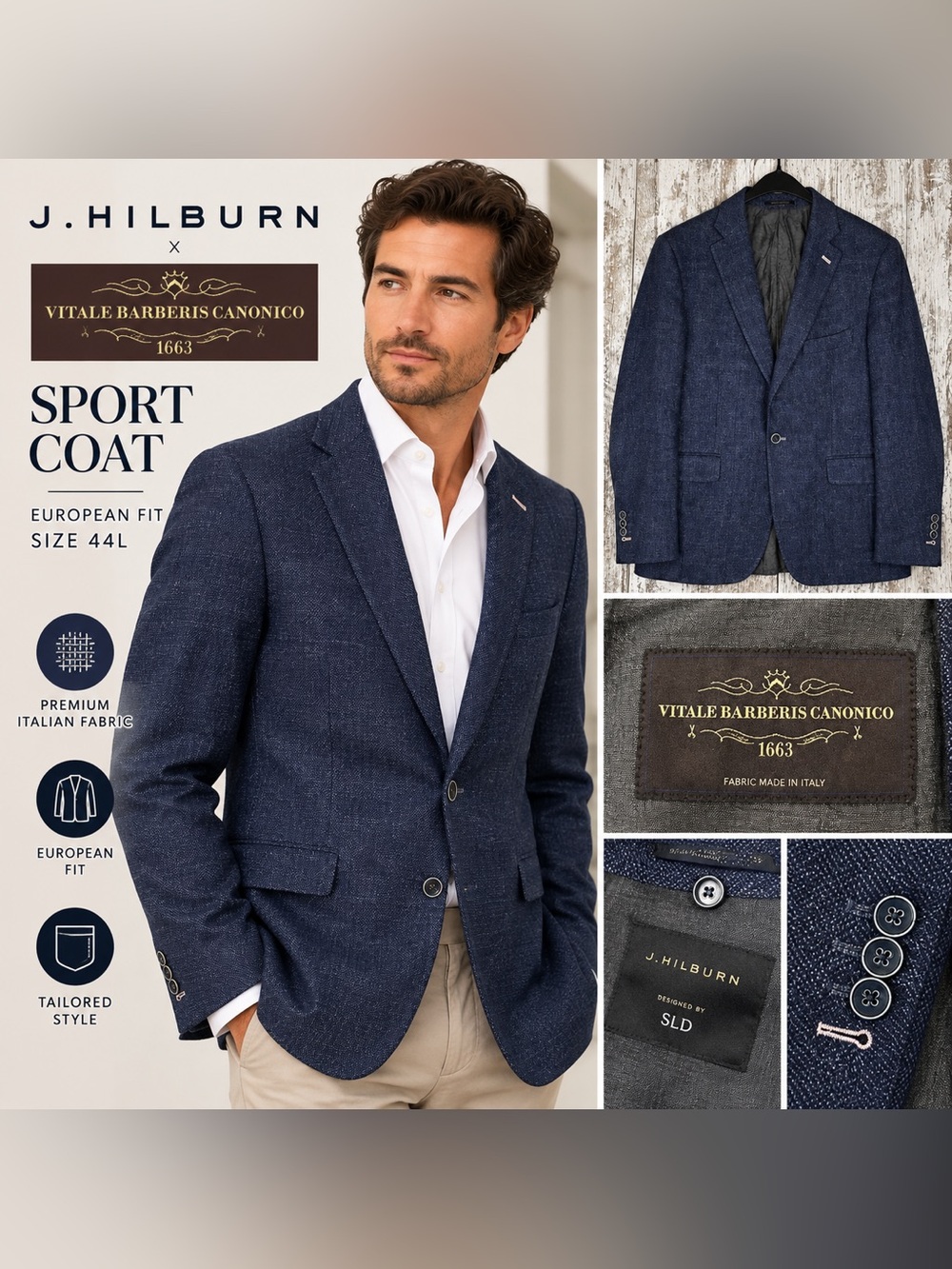 J.Hilburn x Vitale Barberis Canonico Men’s Sport Coat European Fit 44L Navy